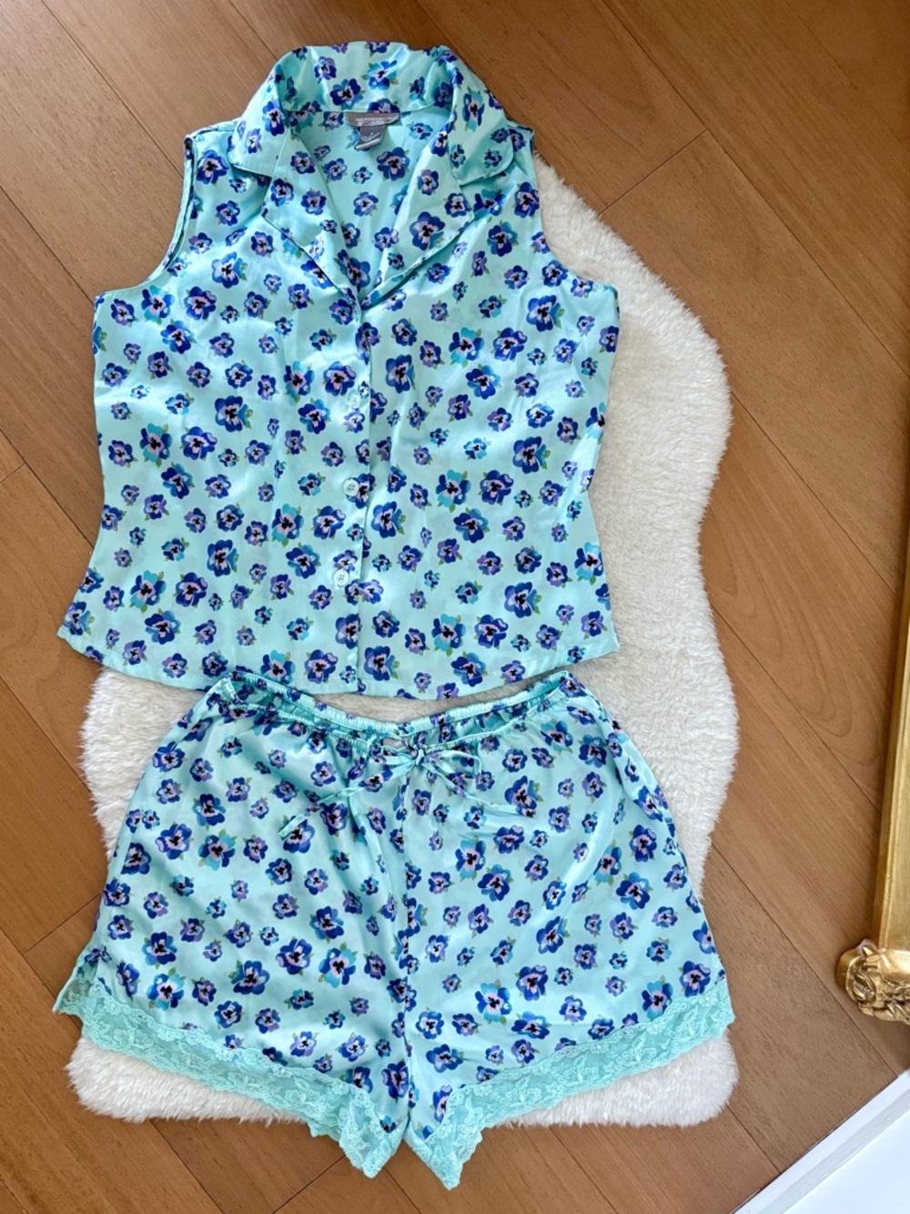 Nordstrom satin pajama set blue floral lace trim shorts button up tank top
